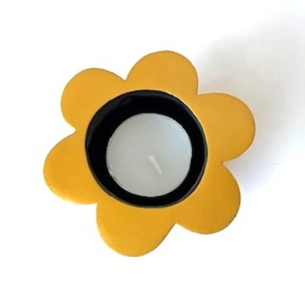 Mustard-Yellow Flower Tea Light Candle Holder - 3.5" x 2.5"
